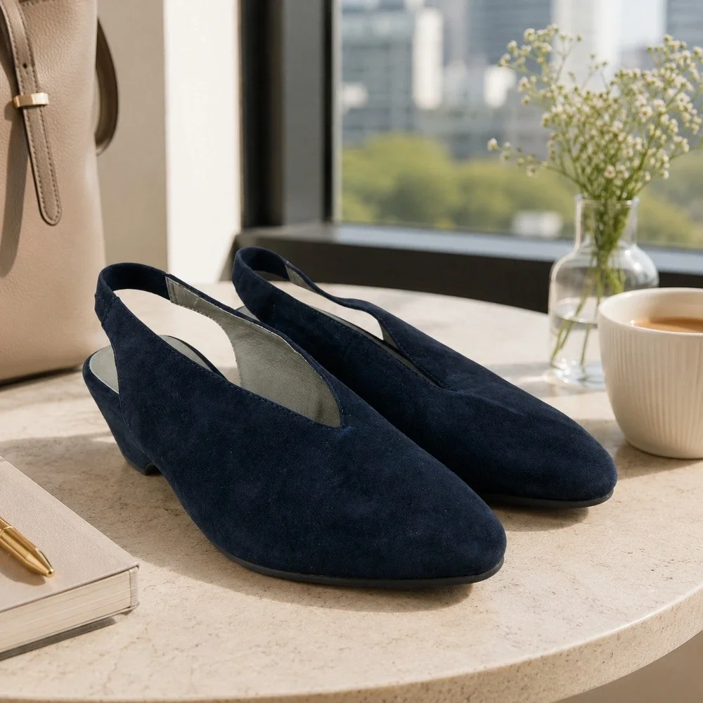 Eileen Fisher Gatwick Suede Slingback Wedge Pointed Toe Pumps Womens 7.5 Blue